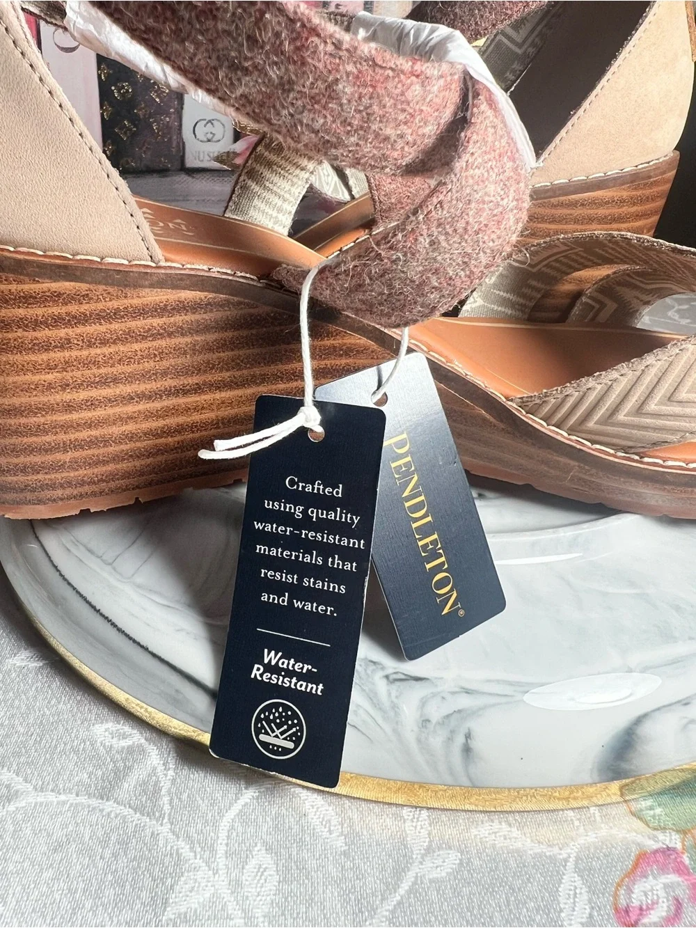 Pendleton Tan and Brown Crisscross Wedge Sandals